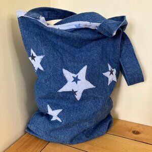 Denim Tote Bag Hand Made Star Print Lining & Applique Large Shoulder Bag 14x19"